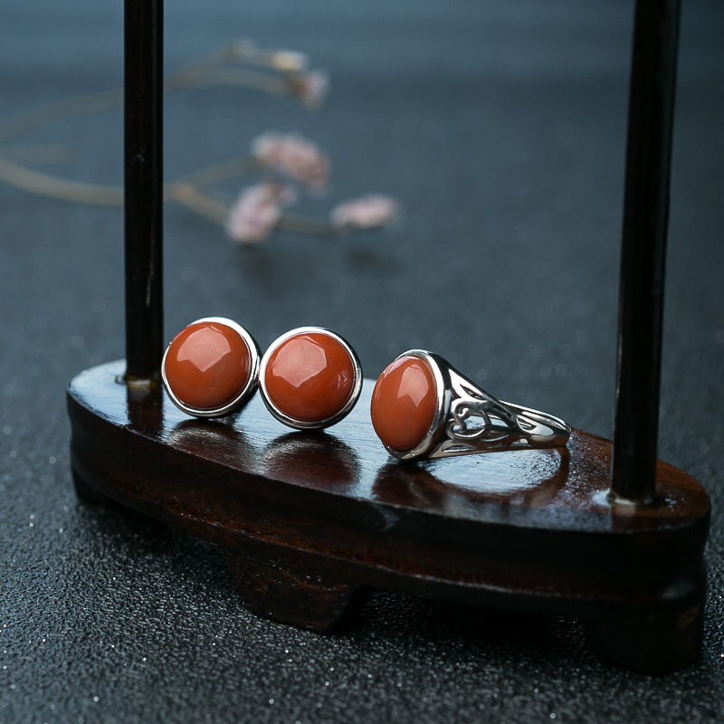 银镶柿子红南红套装-红掌柜