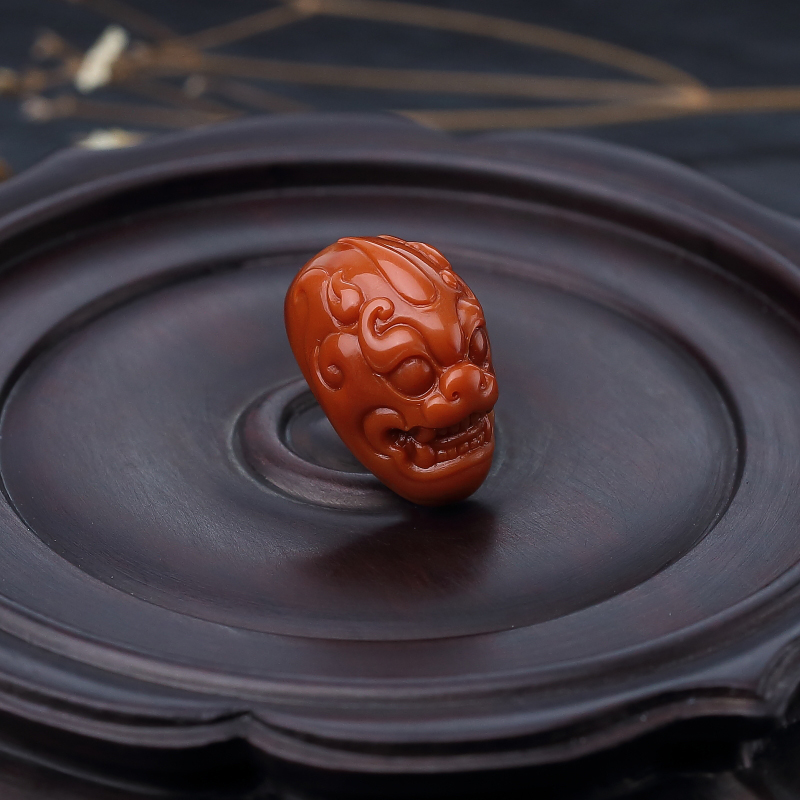 川料柿子红南红龙头戒面-红掌柜