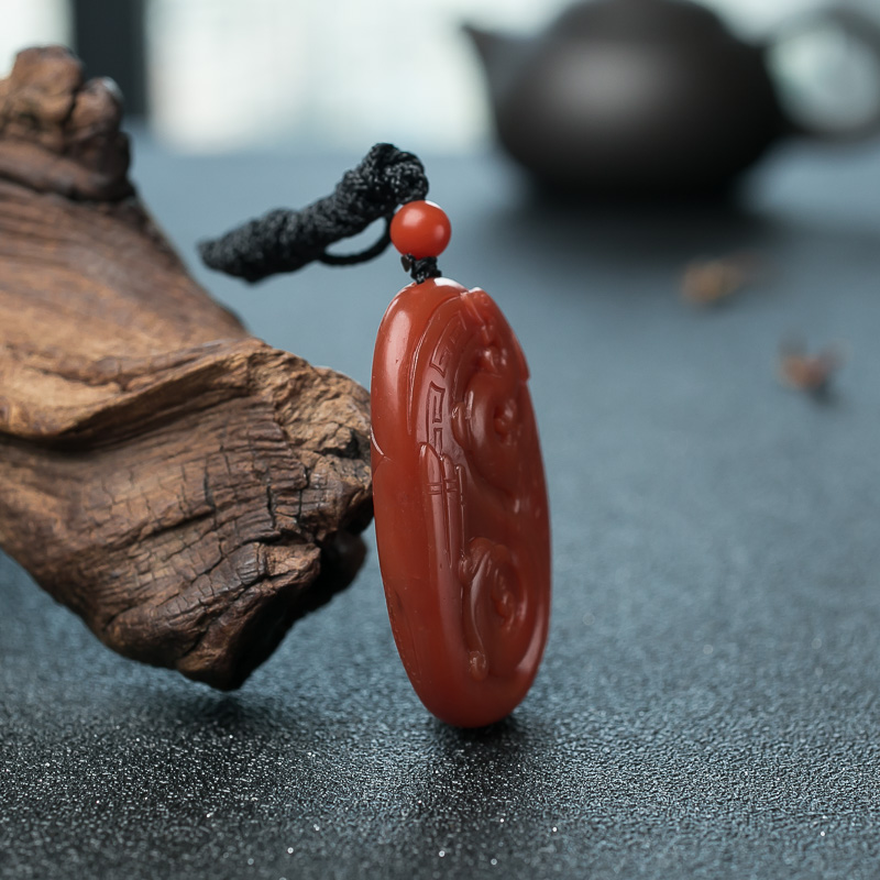 天然柿子红南红仿古龙吊坠-红掌柜