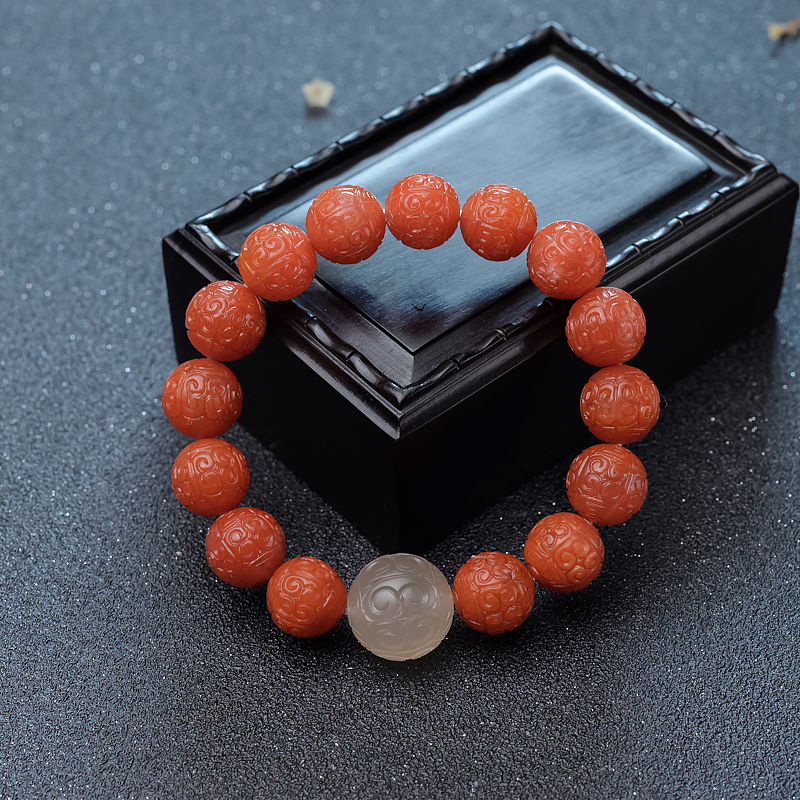 12.2mm柿子红南红回纹珠单圈手串-红掌柜