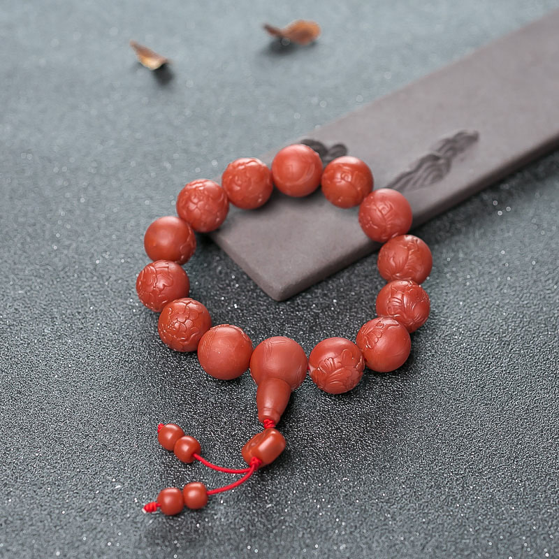 16mm柿子红南红雕花圆珠单圈手串-红掌柜
