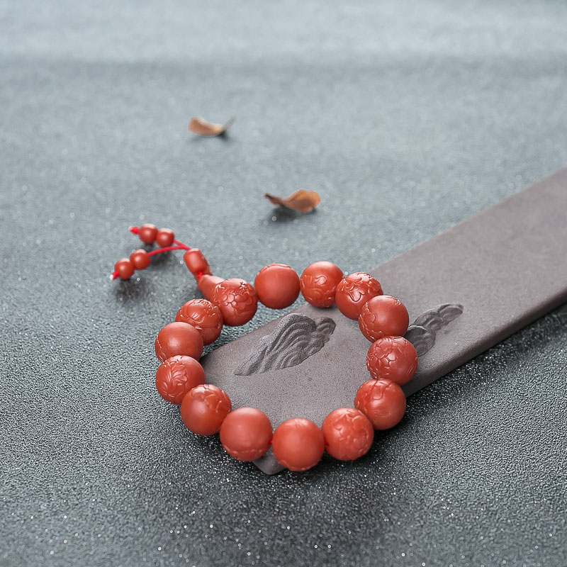 柿子红南红雕花圆珠手串-红掌柜