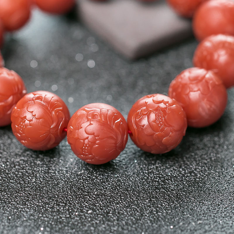 南红雕花圆珠手串-红掌柜