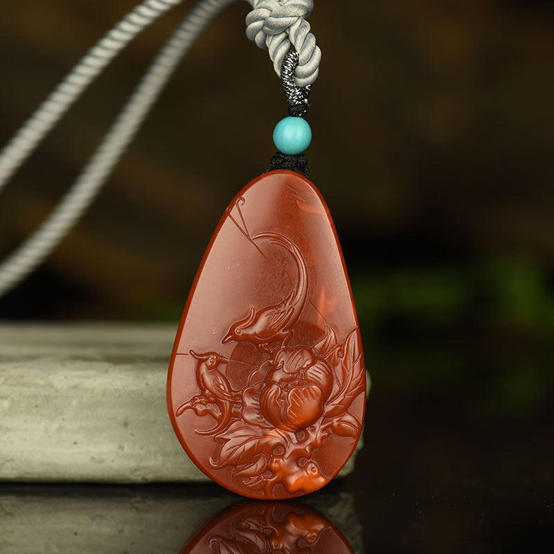 俏色玫瑰红南红喜上眉梢吊坠-红掌柜