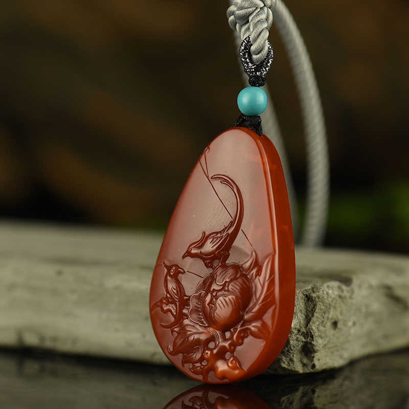 天然玫瑰红南红喜上眉梢吊坠-红掌柜