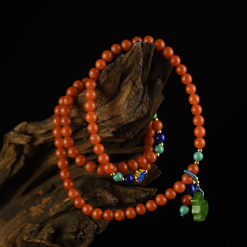 6.1mm天然柿子红南红多圈手串两用款-红掌柜