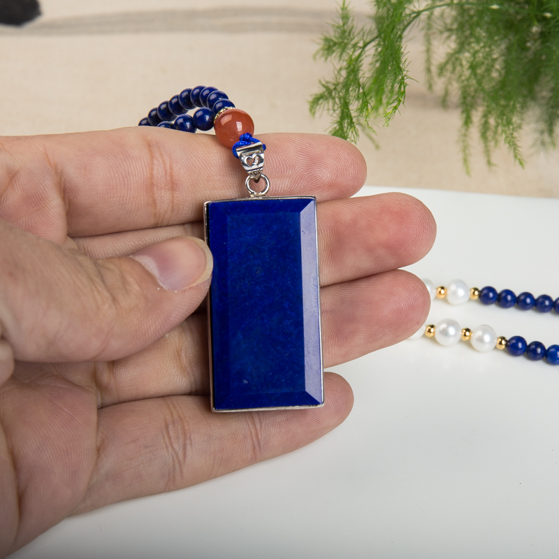 天然深蓝色青金石无事牌项链-红掌柜