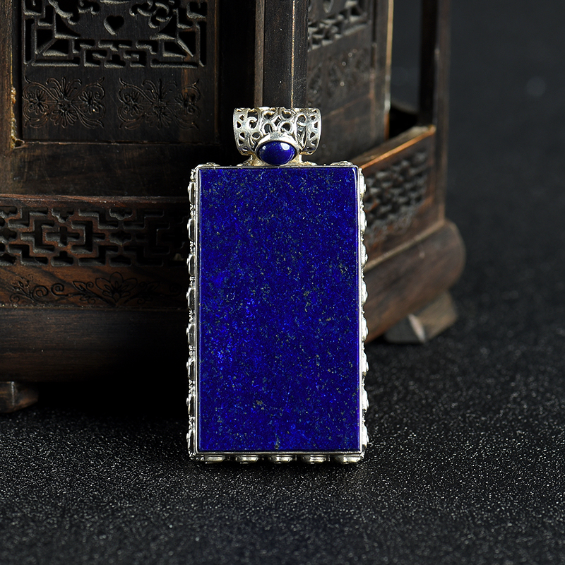 阿富汗天然银镶青金石无事牌吊坠-红掌柜