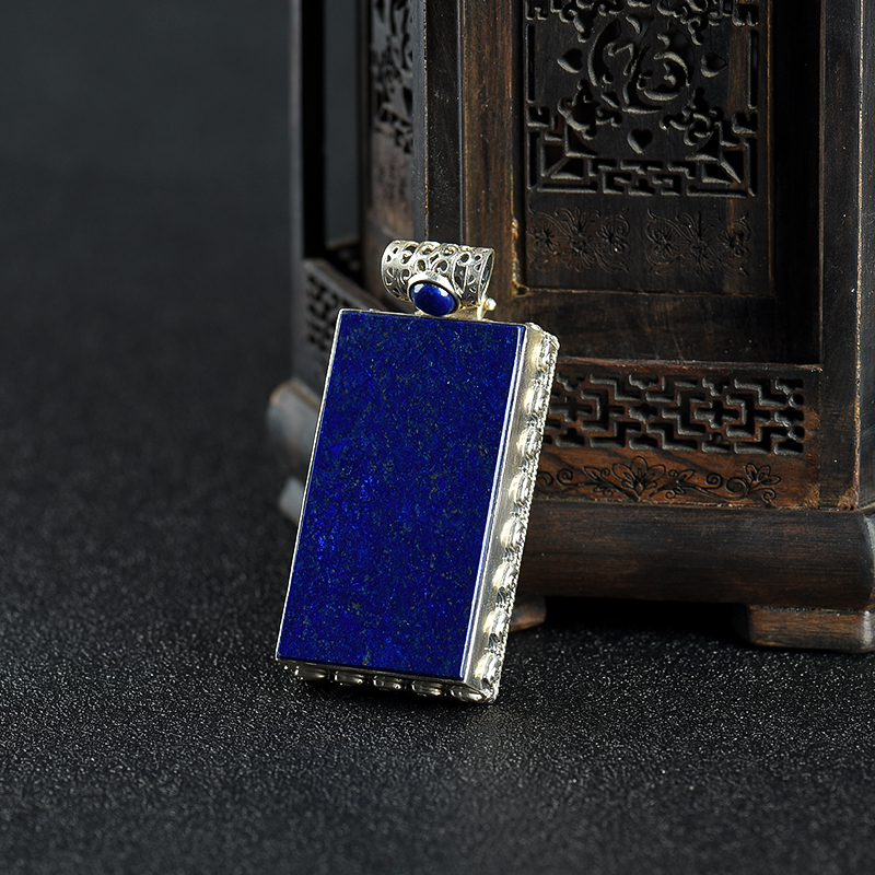 阿富汗银镶青金石无事牌吊坠-红掌柜