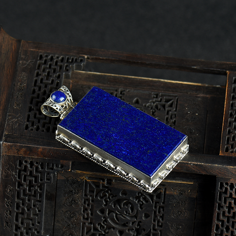 阿富汗天然银镶青金石吊坠-红掌柜