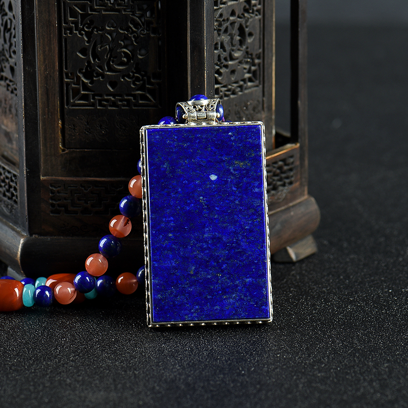 阿富汗天然银镶青金石无事牌项链-红掌柜