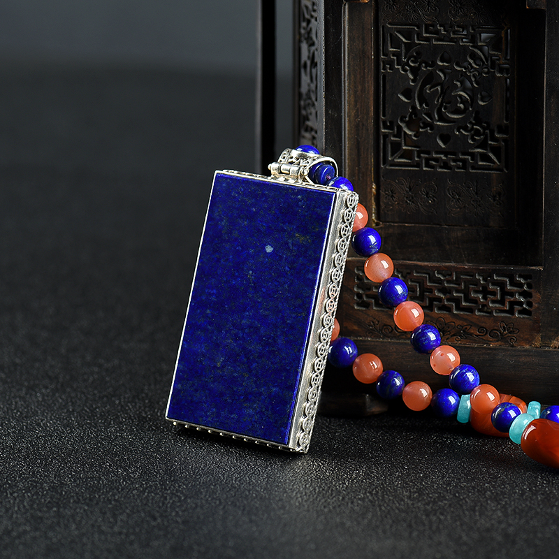阿富汗银镶青金石无事牌项链-红掌柜