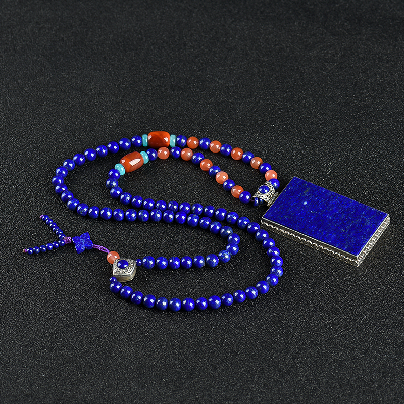 阿富汗天然银镶青金石项链-红掌柜