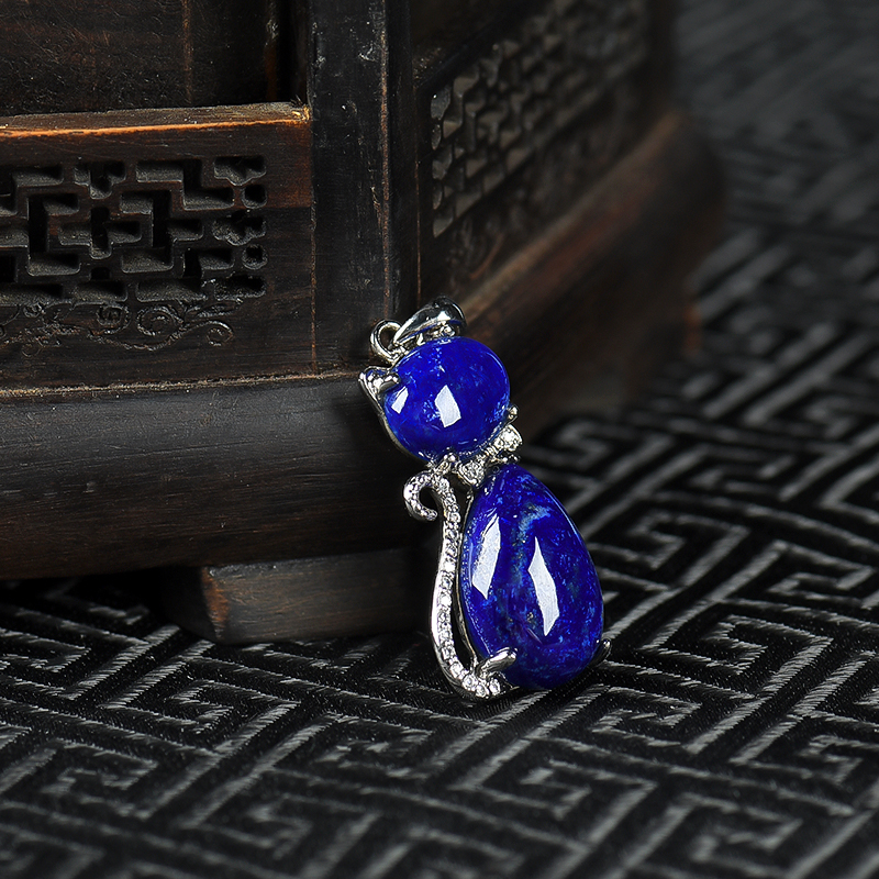 天然银镶青金石猫吊坠-红掌柜