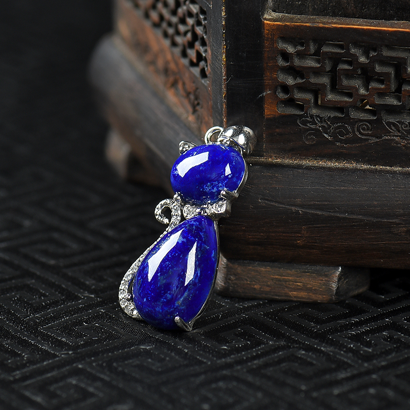 阿富汗银镶青金石猫吊坠-红掌柜