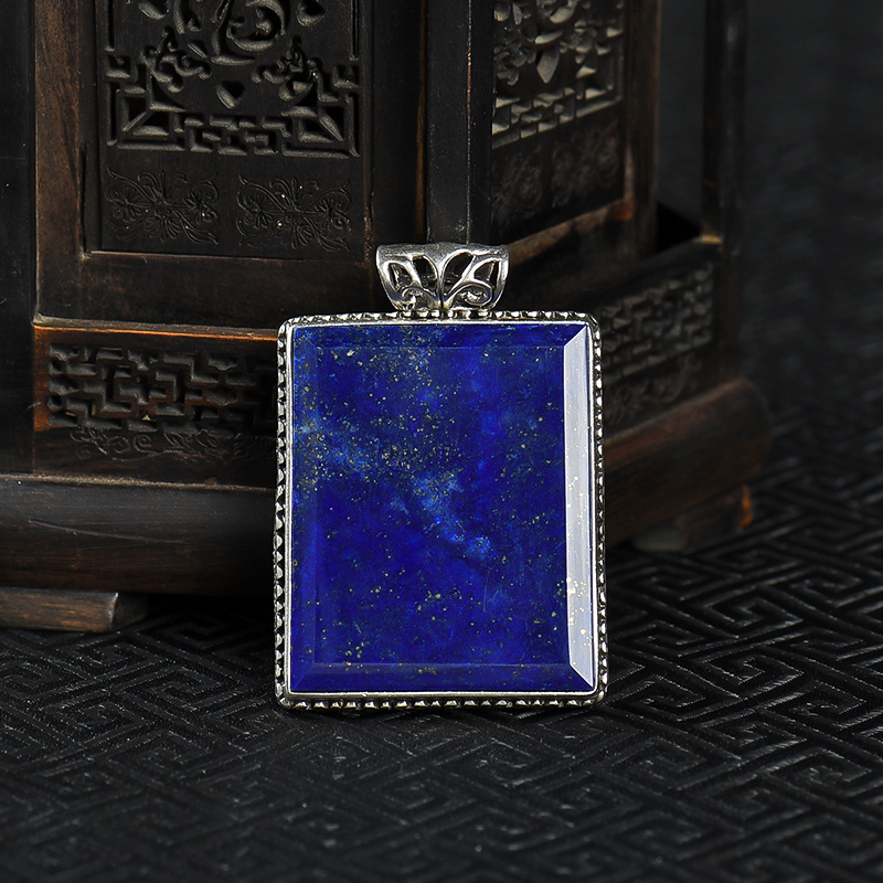 阿富汗天然银镶青金石无事牌吊坠-红掌柜