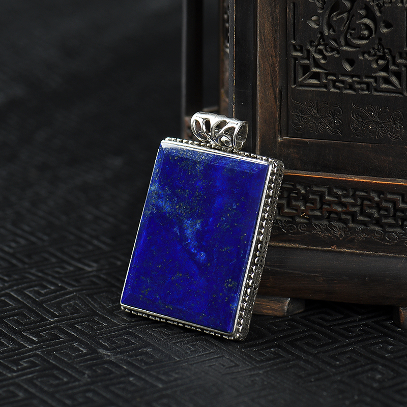 阿富汗银镶青金石无事牌吊坠-红掌柜