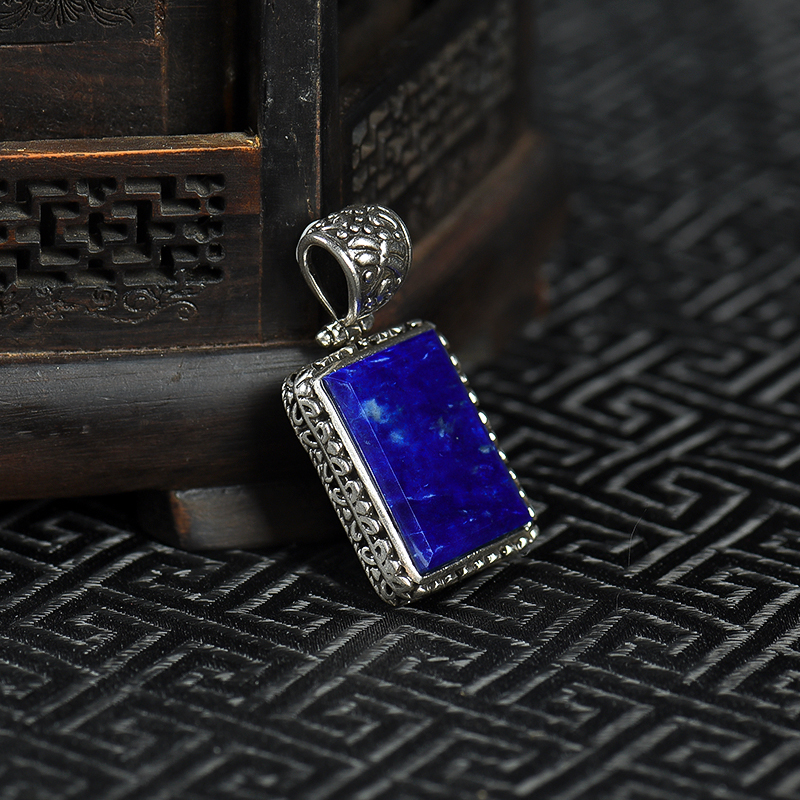 天然银镶青金石无事牌吊坠-红掌柜