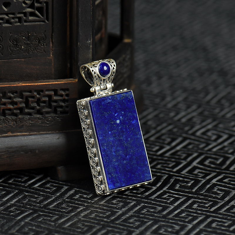 天然银镶青金石无事牌吊坠-红掌柜