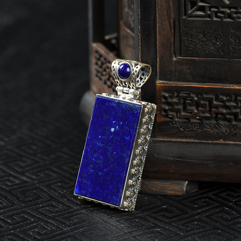 阿富汗银镶青金石无事牌吊坠-红掌柜