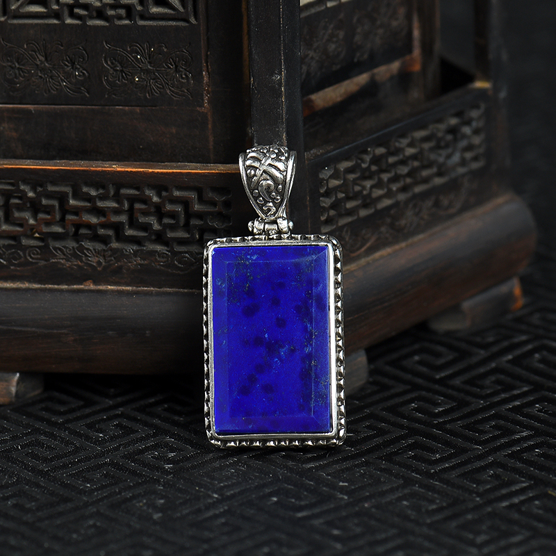 阿富汗天然银镶青金石无事牌吊坠-红掌柜