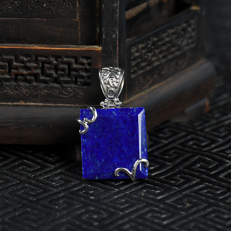 阿富汗天然银镶青金石无事牌吊坠-红掌柜