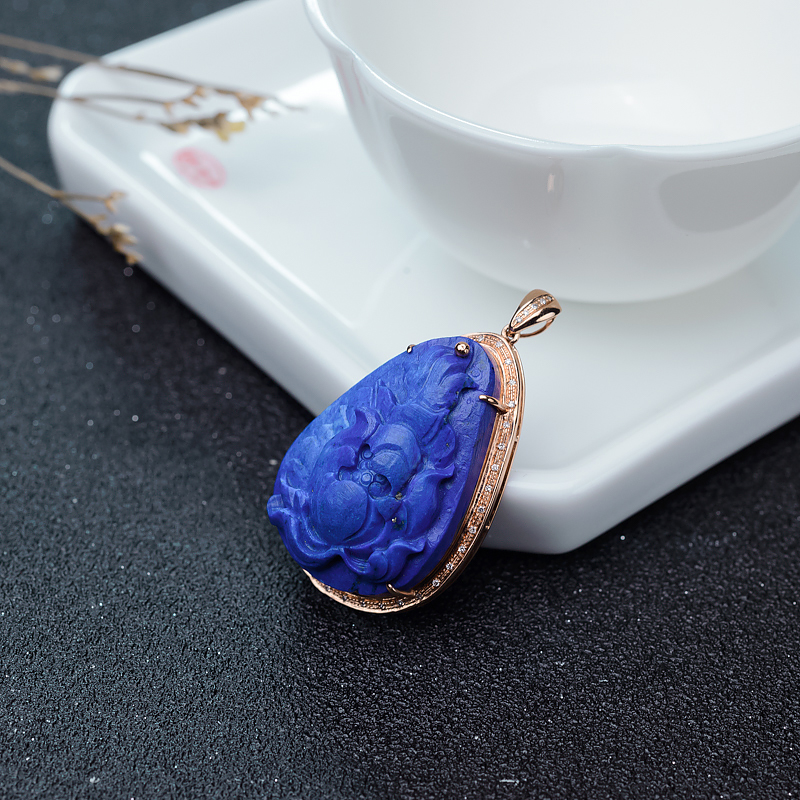 天然深蓝色青金石牡丹花吊坠-红掌柜