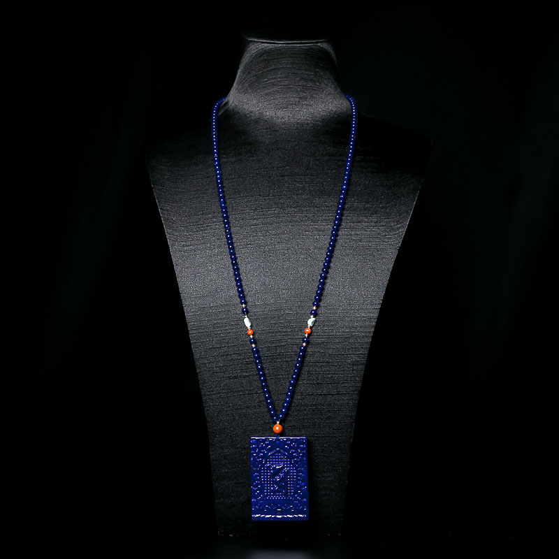 阿富汗天然天蓝色青金石浮雕牌项链-红掌柜