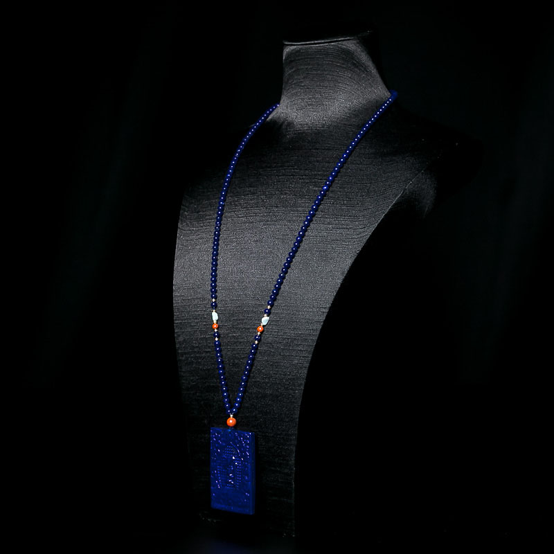 天然天蓝色青金石浮雕牌项链-红掌柜