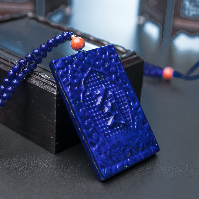阿富汗天蓝色青金石浮雕牌项链-红掌柜