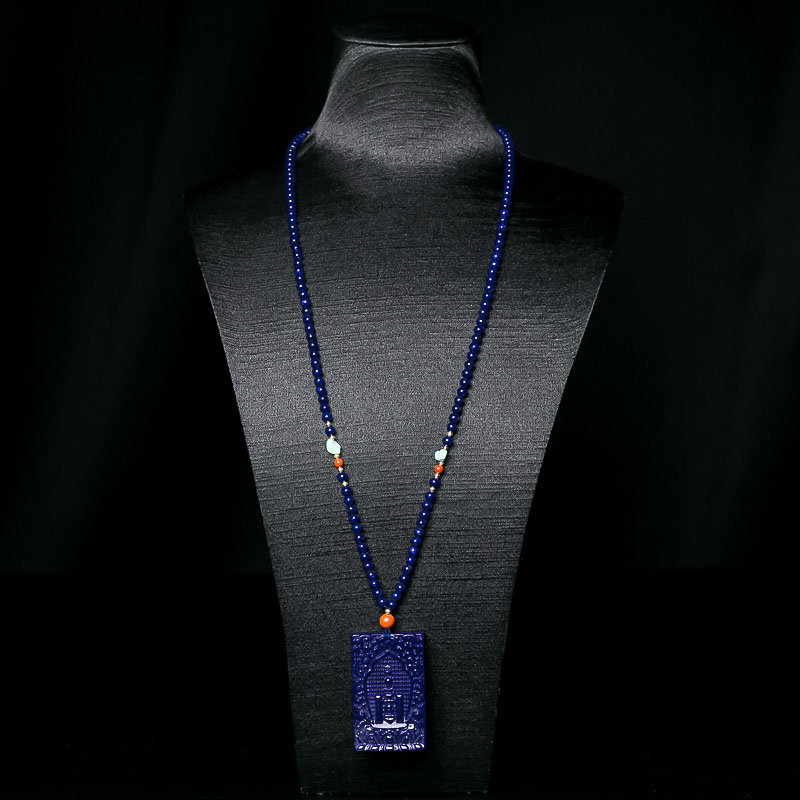 阿富汗天然深蓝色青金石浮雕牌项链-红掌柜