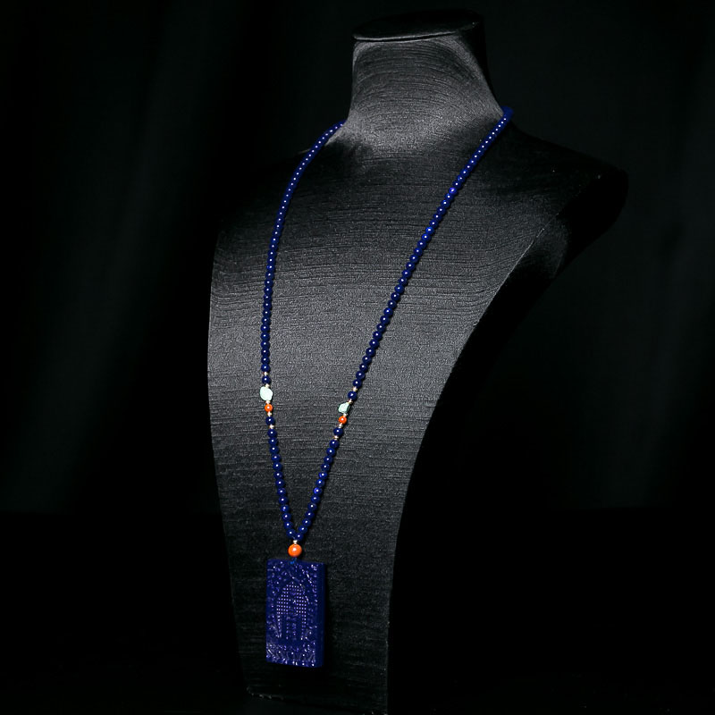 天然深蓝色青金石浮雕牌项链-红掌柜