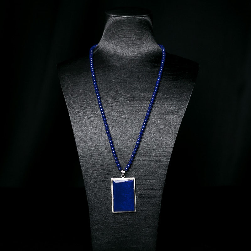 天然银镶深蓝色青金石无事牌项链-红掌柜