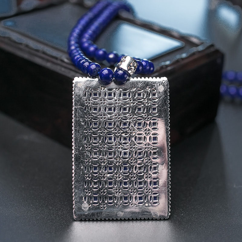 天然银镶青金石无事牌项链-红掌柜