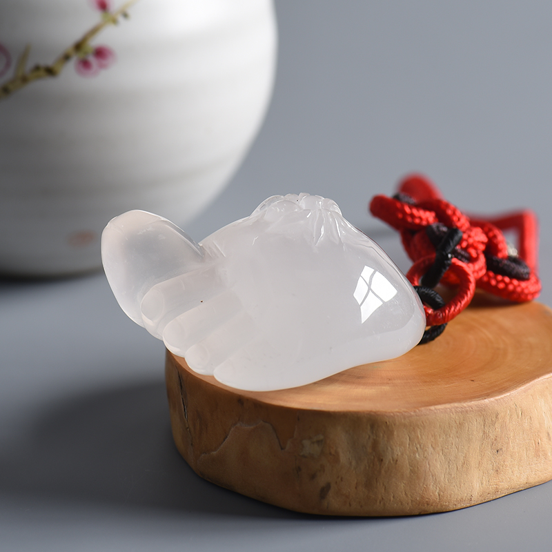 糯种白色水沫玉知足常乐手把件 - 红掌柜