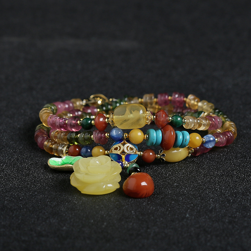 巴西天然彩色碧玺手串项链两用 - 红掌柜