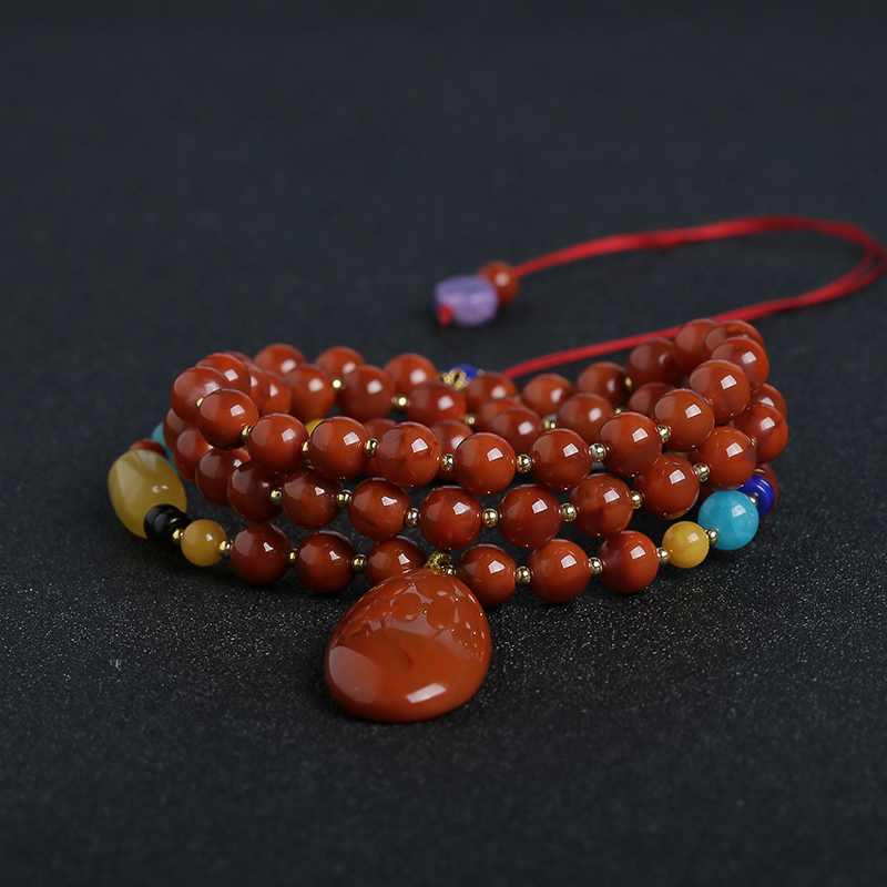 天然川料南红蜜蜡手串项链套装 - 红掌柜