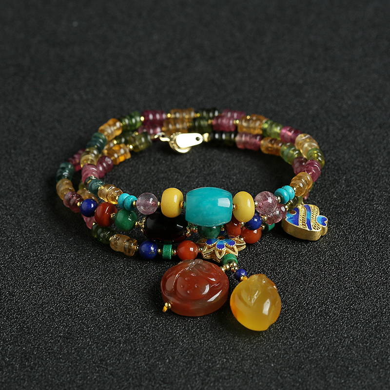 天然彩色碧玺手串项链两用 - 红掌柜