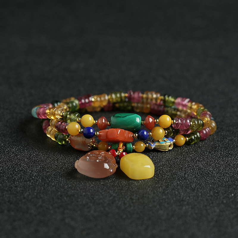 巴西天然彩色碧玺手串项链两用 - 红掌柜