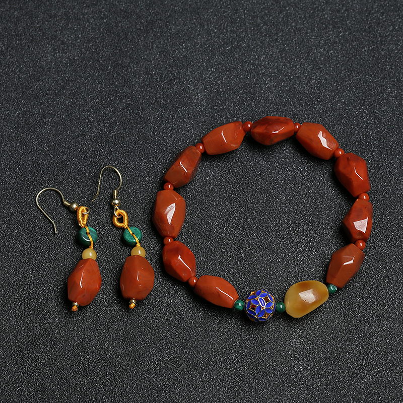 川料天然玫瑰红南红随形两件套-红掌柜