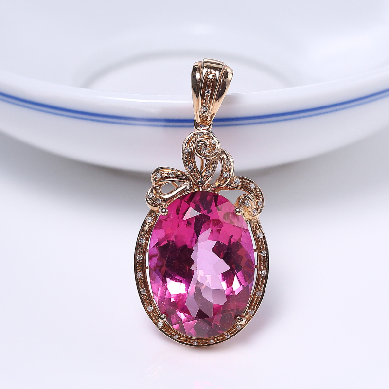 18K镶巴西天然粉色托帕石吊坠-红掌柜