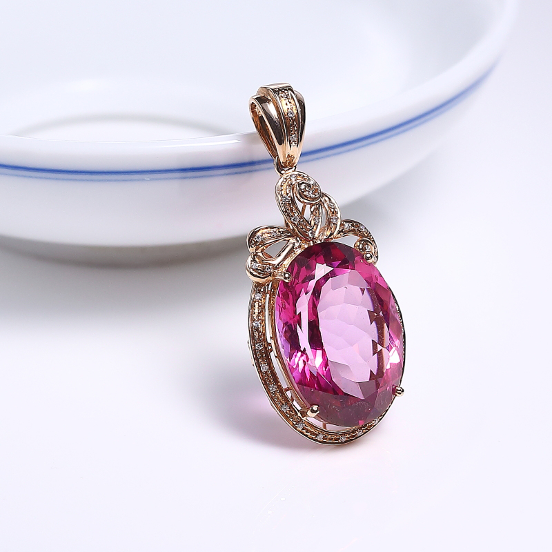 18K镶天然粉色托帕石吊坠-红掌柜