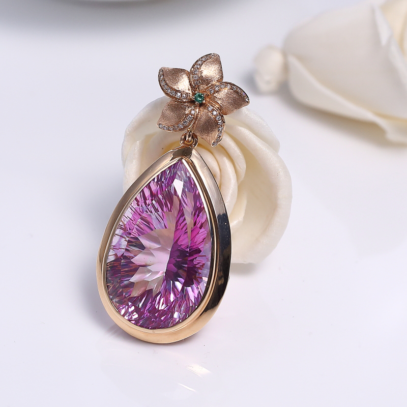 18K镶天然粉色托帕石吊坠-红掌柜