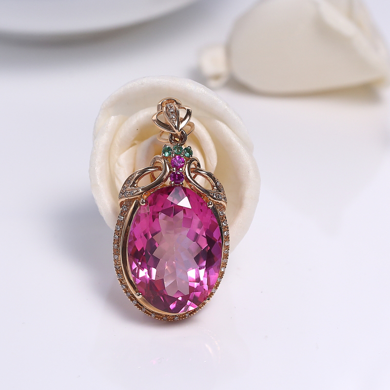 18K镶巴西天然粉色托帕石吊坠-红掌柜