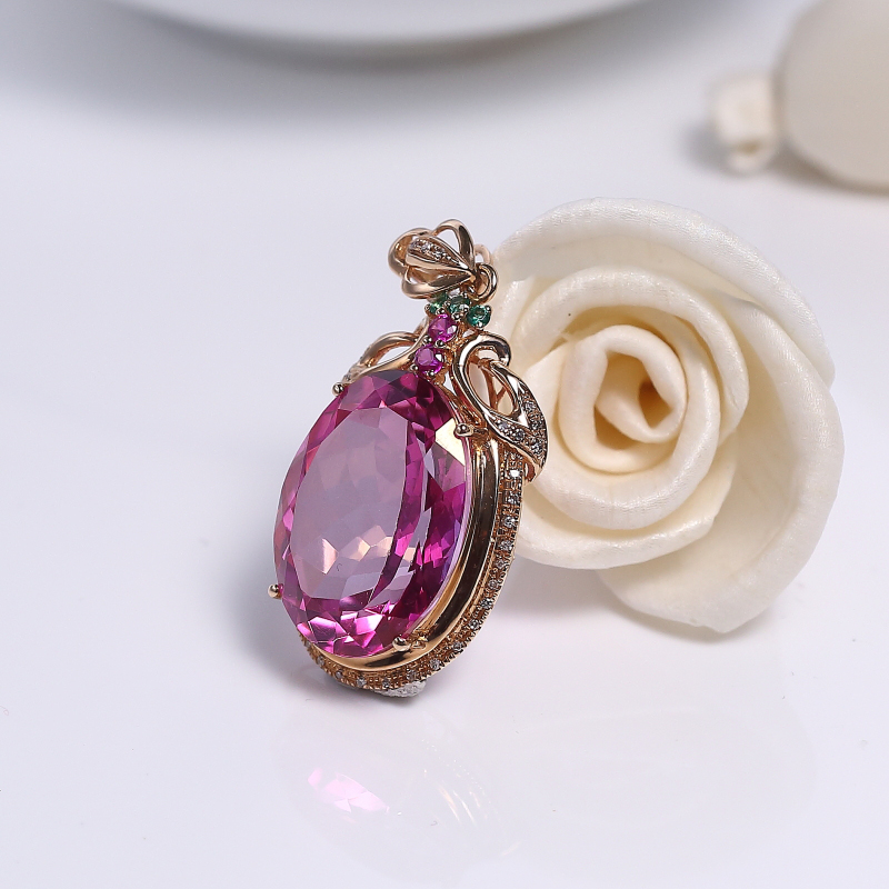 18K镶天然粉色托帕石吊坠-红掌柜