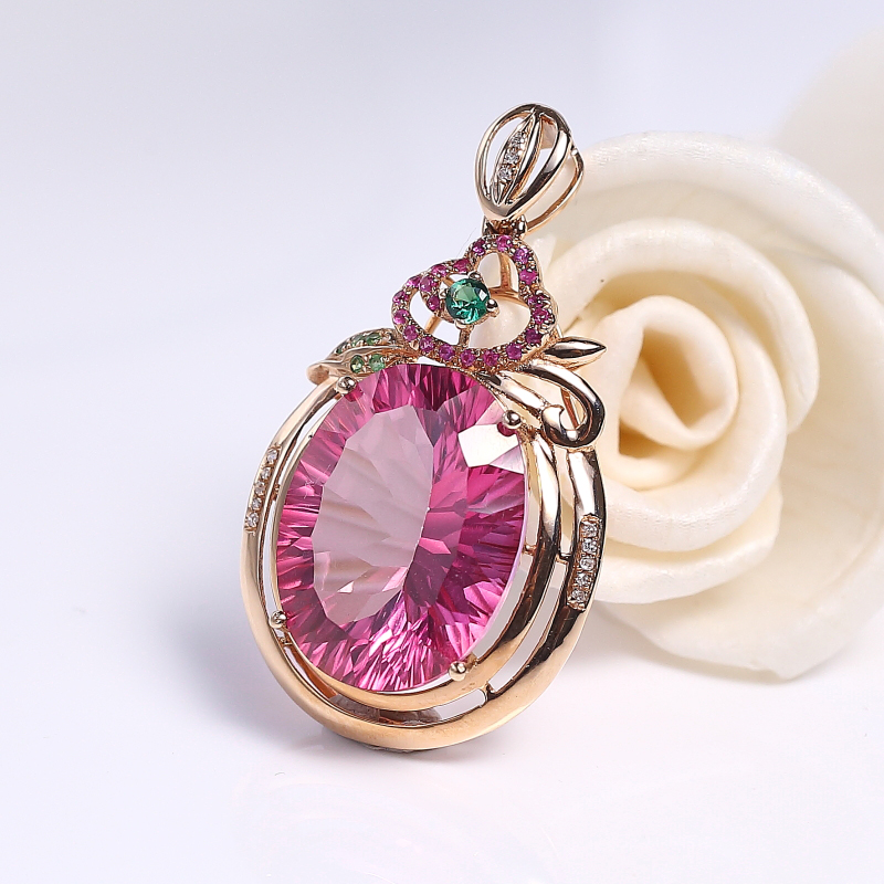 18K镶天然粉色托帕石吊坠-红掌柜