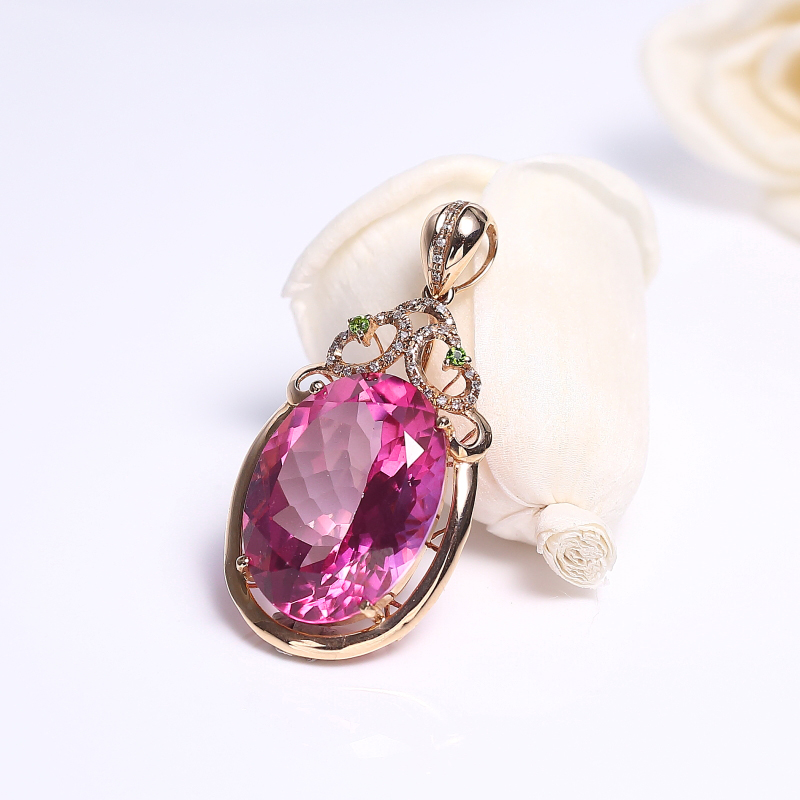 18K镶天然粉色托帕石吊坠-红掌柜