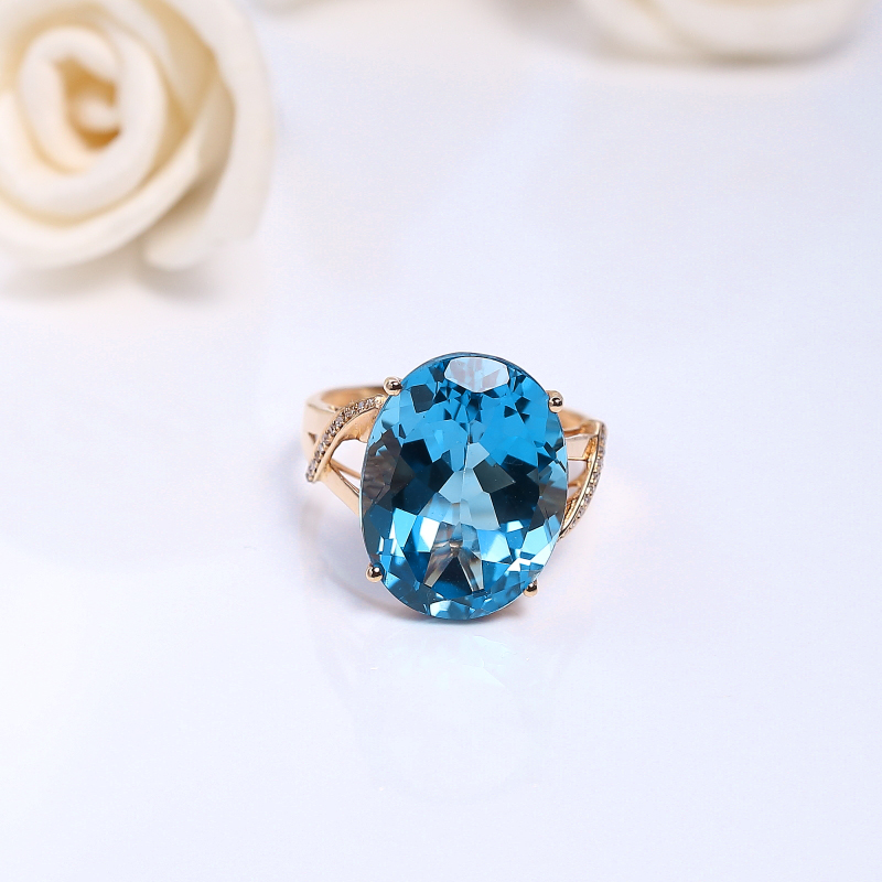 巴西天然18K镶蓝色托帕石戒指 - 红掌柜