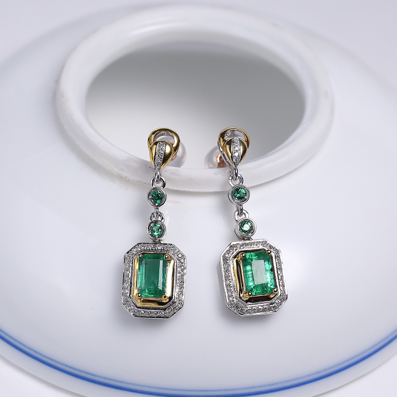 18K金镶钻鲜绿祖母绿耳坠-红掌柜