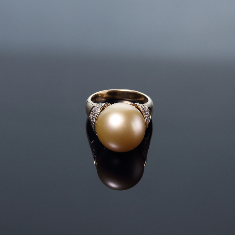 18K金镶钻南洋天然金色珍珠戒指-红掌柜